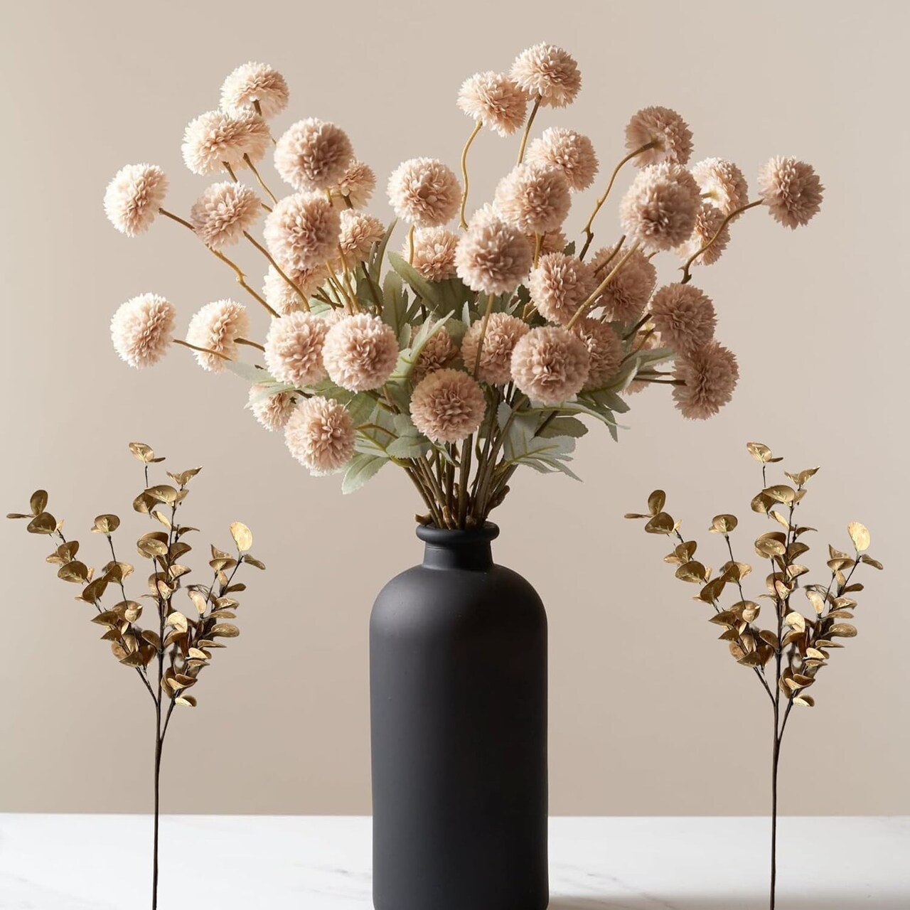 10 Stems Beige Flowers Artificial + Eucalyptus, Fake Mums Long Stem Faux Flowers For Vase, Tan Nude Cream Neutral Floral